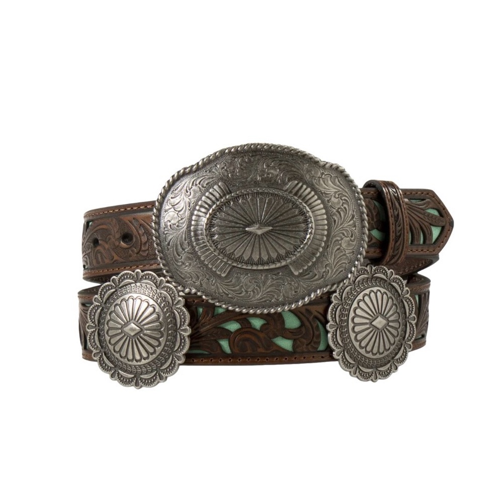 Western Floral Embossed Brown & Silver Genuine Leather Belt